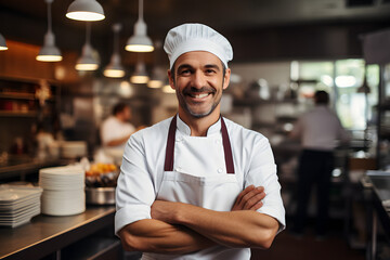 A confident owner and skilled male chef, exuding pride and happiness, standing in his commercial kitchen with folded arms,