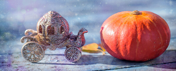 Fairy Tale concept. Carriage and pumpkin near. Magical Illustration 
