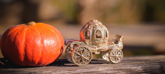 Fairy Tale concept. Carriage and pumpkin near. Magical Illustration 