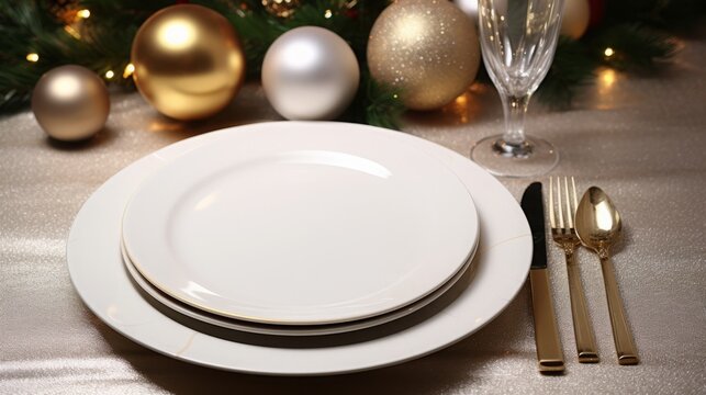 New Year's table set with cutlery and plate.