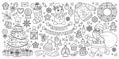 Outline set of Christmas and New Year elements for winter holiday design. Running Santa with a bag of gifts, Xmas decorated tree and other. Vector contour cartoon illustrations perfect for coloring.