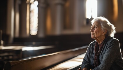 Portrait of an elderly woman with grey hair praying in a naturally lit church - obrazy, fototapety, plakaty