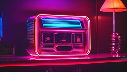 Fototapeta na wymiar Chill living room with a retro vintage stereo jukebox and neon vaporwave color mood