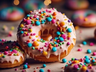 Fototapeta na wymiar close up view of delicious colorful donuts, bright color background,