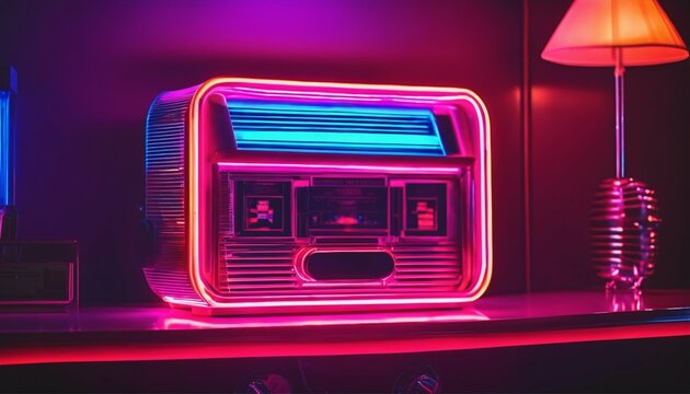 Chill living room with a retro vintage stereo jukebox and neon vaporwave color mood