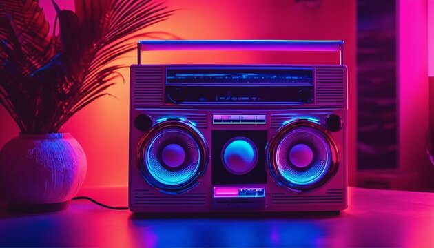 Neon vaporwave color mood in a chill living room featuring a retro vintage stereo boom box