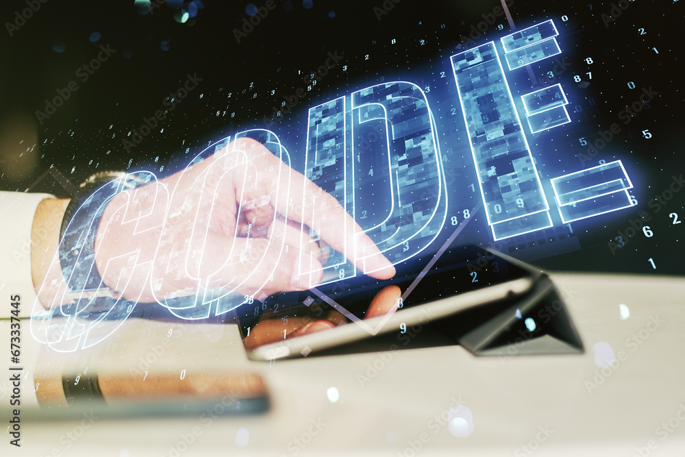 Poster creative code word sign and finger clicks on a digital tablet on background, international software 