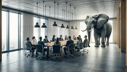 Business people addressing the elephant in the room during a meeting in the conference room, metaphor - 673337408
