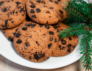 Chocolate cookies on a plate with spruce branches on the table. Dark chocolate cookies on a plate,...