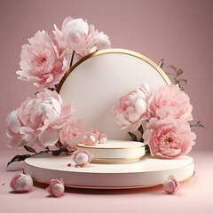 Women's pink mockup with bouquets of peonies on a round stage. A luxurious background for your product. Copy space.