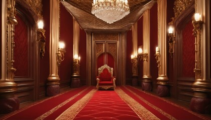 King’s thrones in palace castle with red carpet - Royal interior - obrazy, fototapety, plakaty