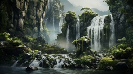 A cascading waterfall with plants clinging to the rocky surface, misted by the water spray. - obrazy, fototapety, plakaty