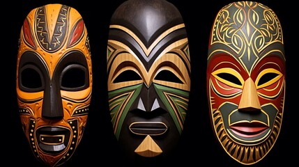 totem colored masks of tribal idols on black background.
