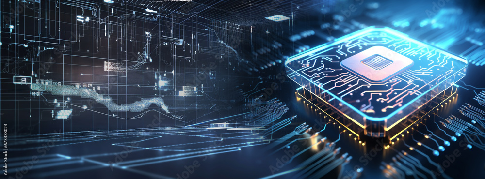 Fototapete ai concept brain pattern neon blue light on microchip perspective cpu with copy space banner on blac