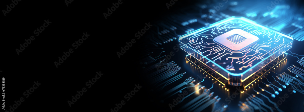 Poster ai concept brain pattern neon blue light on microchip perspective cpu with copy space banner on blac
