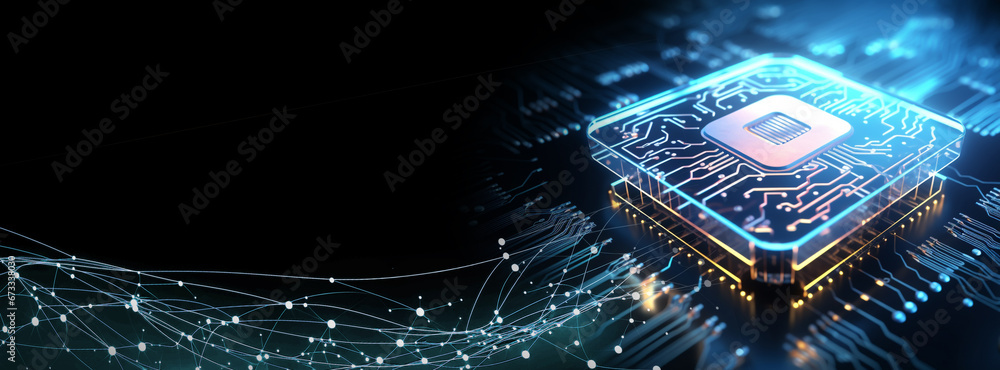 Aufkleber ai concept brain pattern neon blue light on microchip perspective cpu with copy space banner on blac