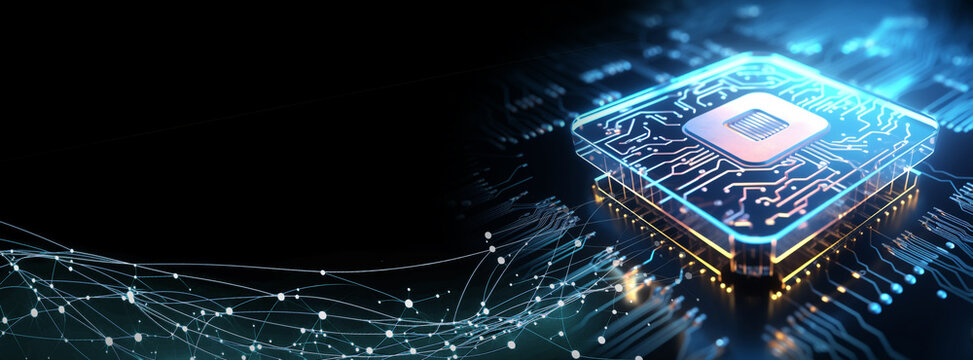 AI concept brain pattern neon blue light on microchip perspective cpu with copy space banner on black background.