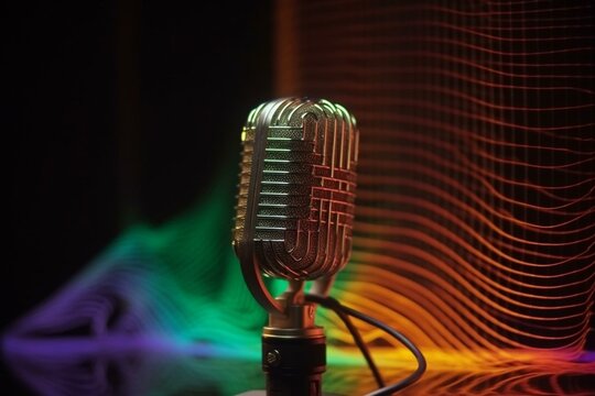 Old microphone with colorful sound wave backdrop. Generative AI