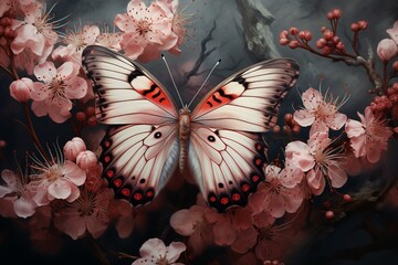 A detailed view of a blossom featuring a delicate butterfly resting upon it. Generative AI