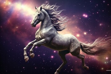 Obraz na płótnie Canvas Beautiful dapple grey unicorn adorned with cosmic stars gracefully prancing across the universe. Generative AI