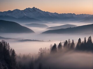 foggy mountain layers before sunrise horizon, winter

