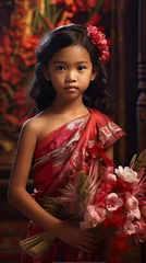 Fotobehang girl dressed with balinese outfit, ornate, flowers © neirfy