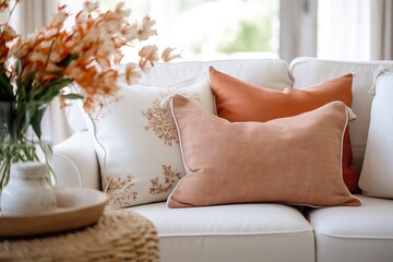 Fototapeta na wymiar Stylish Fabric Sofa with Cozy Cushions