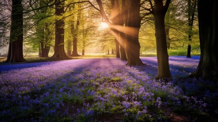 A carpet of bluebell flowers in a forest, with rays of sunlight filtering through the trees. - Powered by Adobe