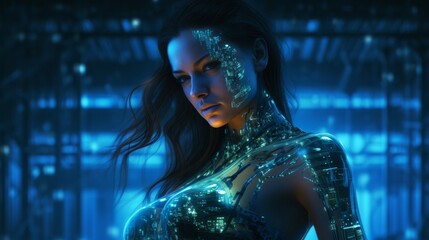 Naklejka premium Glowing Woman's Body with Digital Code in Dark Cyan and Teal, Sci-Fi Realism