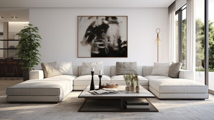 Modern cozy living room interior, gray design. Generative AI.