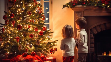 Lovely cheerful children kid enjoy lovely seasonal moment wear Christmas costumes having fun together at home during Christmas time