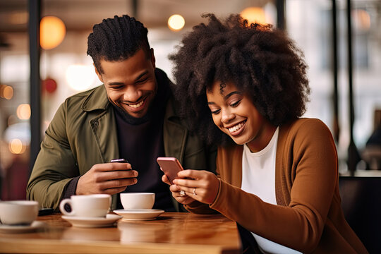 Happy young couple sitting in a cafe, enjoying time together, sm