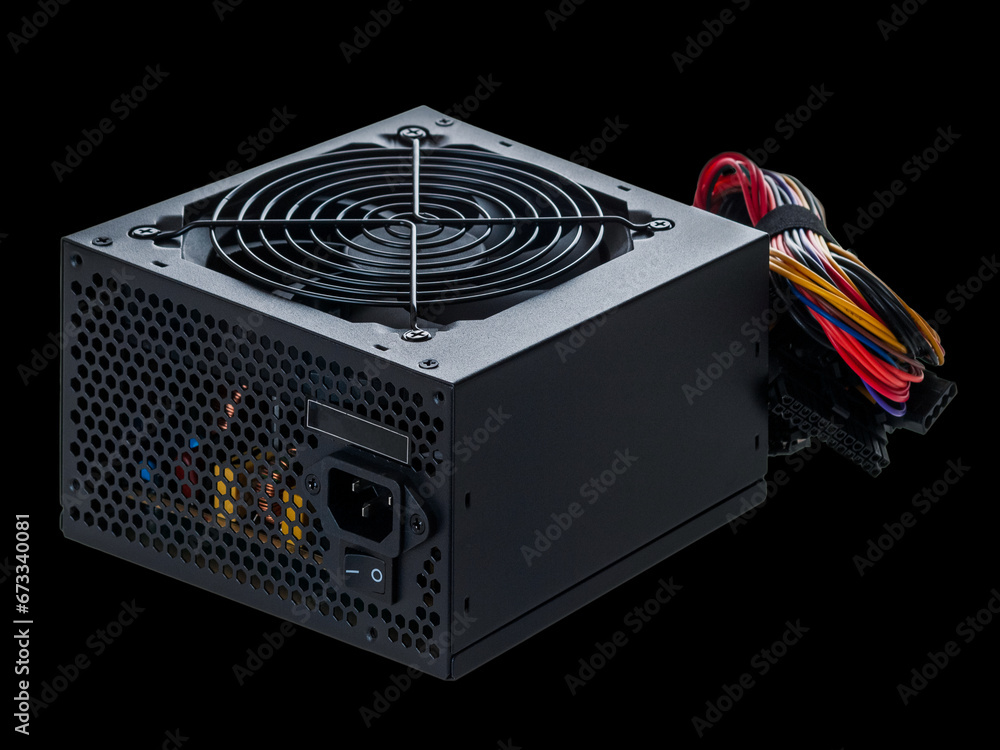 Aufkleber electrical power supply for computer system unit components isolated on a black background