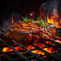 Grilled meat steak on stainless grill depot with flames on dark background. Food and cuisine concept. Made with generative ai. 
