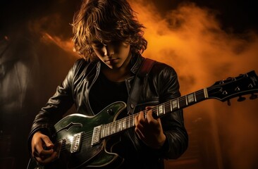 Obraz premium young man playing guitar with dark background
