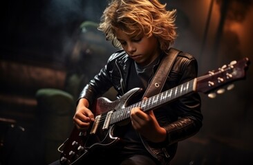 Obraz premium young man playing guitar with dark background