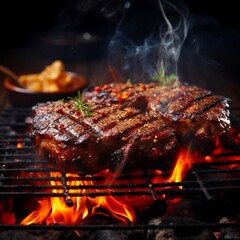 Grilled meat steak on stainless grill depot with flames on dark background. Food and cuisine concept. Made with generative ai. 