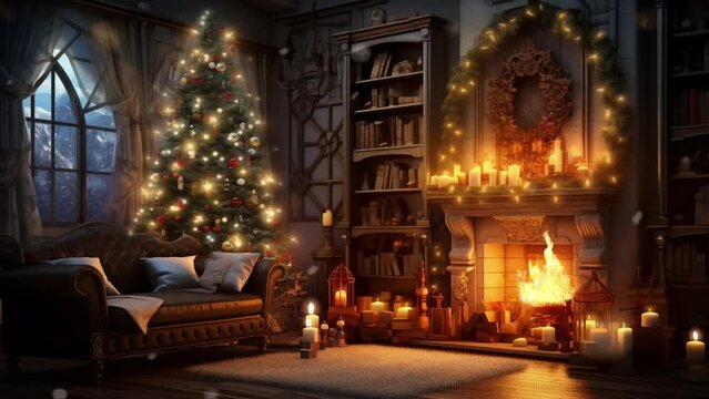Christmas, New Year interior on living room with sofa and fireplace, decorated fir tree, garlands and balls. cartoon or anime watercolor illustration style looping video background