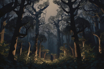 Spooky forest mystery horror beauty in nature, night in the woods under full moon, dark fantasy background, ai generated
