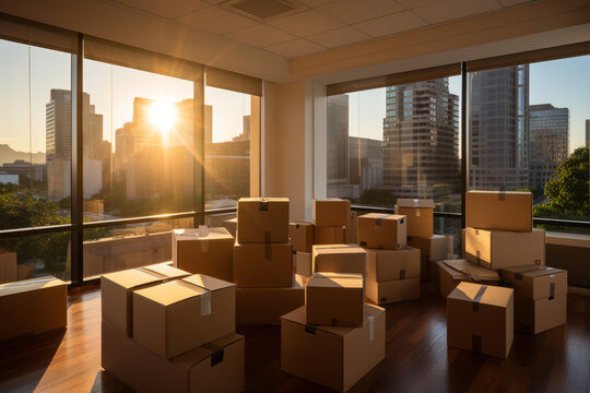 Office with Cardboard Boxes, Packed Belongings, Moving and Storage Solutions