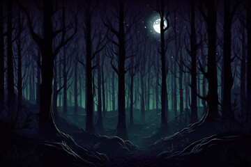 Spooky forest mystery horror beauty in nature, night in the woods under full moon, dark fantasy background, ai generated
