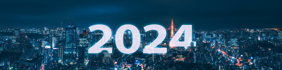 Happy New year 2024 in Tokyo city at night background in Japan - 673341071