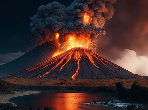 volcano eruption with massive high bursts of lava and hot clouds soaring high into the sky, pyroclastic flow in asia