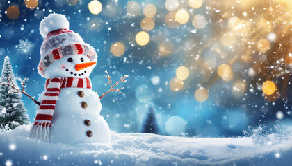 Fototapeta premium Christmas winter background with snowman and blurred bokeh