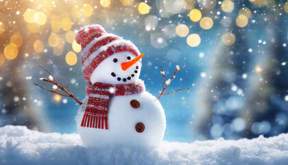 Fototapeta premium Christmas winter background with snowman and blurred bokeh