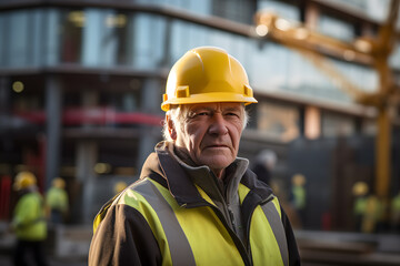 Old man working at construction site. Concept for problems with pushing back statutory retirement age for people in hard labor jobs or old age poverty