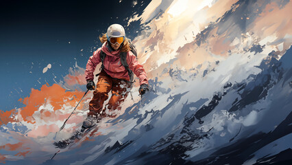 Skifahrer in den Bergen als Zeichnung Polygon im Querformat als Banner, ai generativ