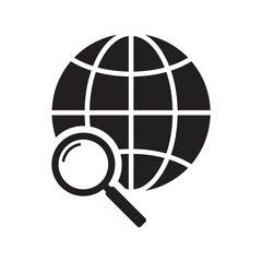 Magnifier and globe icon, search for a place on a map or on the globe icon. The icon of the magnifying glass and planet Earth.