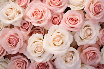 Obraz na płótnie Canvas Top view of many pink and white roses. Valentine's day background