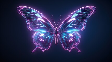 beautiful purple neon glowing butterfly illustration at black background, colorful magic wallpaper